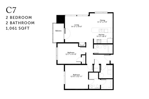 Floor plan for 2 beds, 2 baths, 1061 sqft